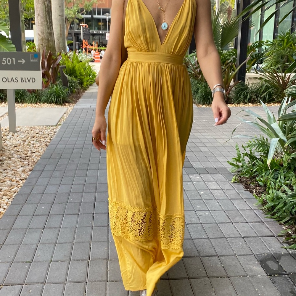 Mustard Yellow Maxi Dress | Deep V Neck | Open Back Tie | Lace Hem | Size M